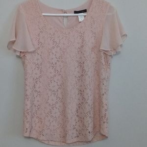 Pink lace top with ruffle sheer sleeves